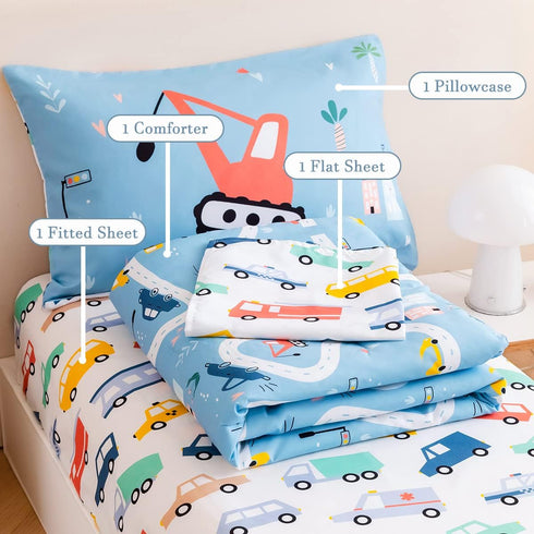 4-Piece Set Set PERFEMET Toddler Bedding Boys Cars Toddler Comforter with Sheets Reversible Lightweight Blue Vehicles