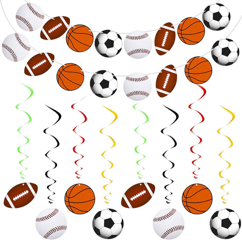 18 Pieces Sports Party Decorations, Sports Themed Birthday Supplies with 2 Banners and 16 Hanging Swirl Paper Garland