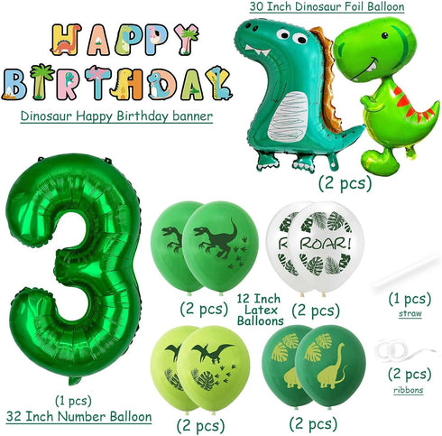 Large Dinosaur Foil Balloons and Happy Birthday Banner - Number 3 Balloon for 3rd Birthday Party Decorations