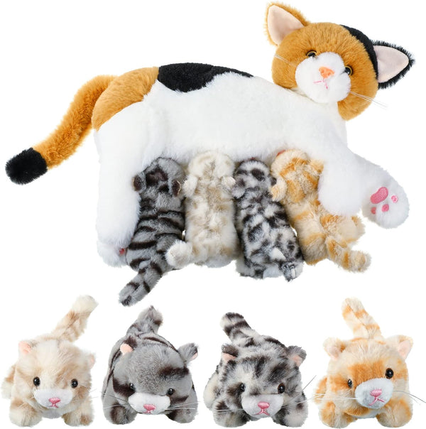 Nurturing Cat Stuffed Animal with Plush Kittens, Mommy Cat with 4 Baby Cats for Birthday Party Favors Gifts