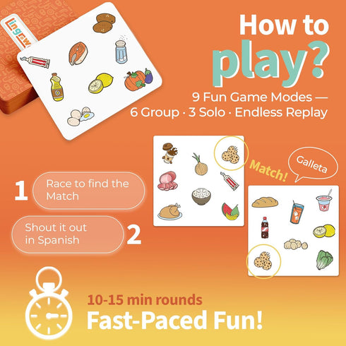 Lingrow Go! 57 9 Spanish Games for Kids Bilingual Card Game | Learn Food & Drink Words | Ways to Play with Audio |