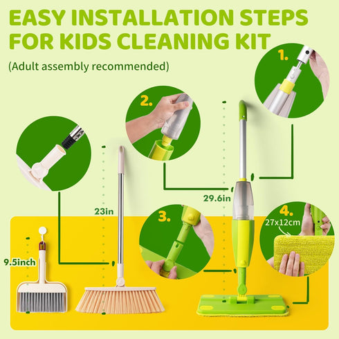 Set, Set, Set Kids Spray Mop,Toddler Mop Cleaning Real Working Mini Mop & Kids Broom Dustpan Housekeeping Pretend Play