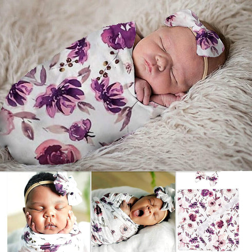 Baby Swaddle Blanket Newborn Girl, Swaddle and Headband Set with Purple Flowers Floral Print Wrap Shower Gift