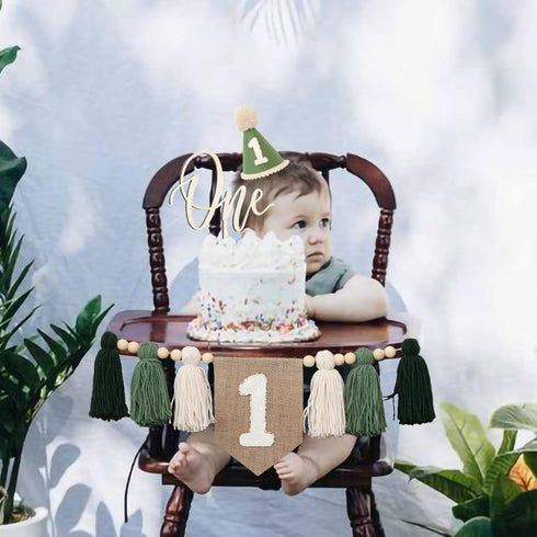 No.1 1st JUIIZAY First Birthday Party Decorations Green High Chair Banner Crown Cake Topper Birthday Decor
