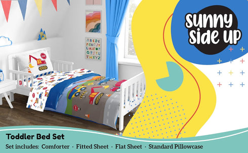 Set 4 Set Sunny Side Up Construction Zone Toddler Comforter - Piece Preschool Bedding Includes Comforter, Sheets