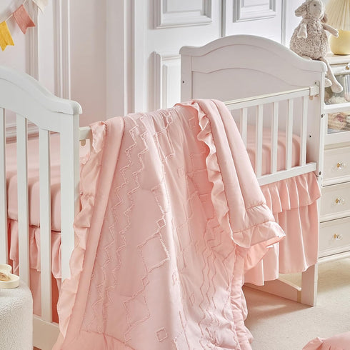 AIKASY Set The Ruffled Shabby Crib Bedding for Girls, Baby Quilted Comforter with Fitted Sheet, Bed Skirt
