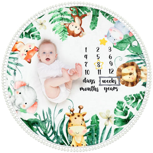 Peryiter Baby Monthly Milestone Blanket, 43.3" x 43.3", Safari Jungle Animals Leaf, Newborn Play Mat with Growth Chart