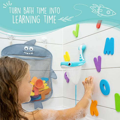 Comfylife Baby Bath Toy Organizer - Shark + 36 Bath Letters & Numbers + Extra Bath Toy Storage Net & 10 Strong Hooks