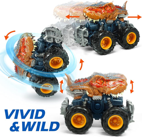 Oriate T-rex Dinosaur Toy Cars for Kids 3-8, Friction Powered Monster Truck with Mechanical Motor, Push n Go Car Stunt Play Party 209-R3