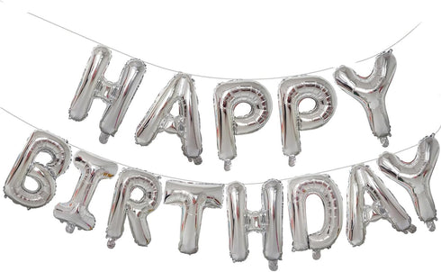 KALOR 16 Inch Silver Happy Birthday Balloons Banner, Mylar Foil Letters Sign, Reusable Party Supplies for Men, Women,