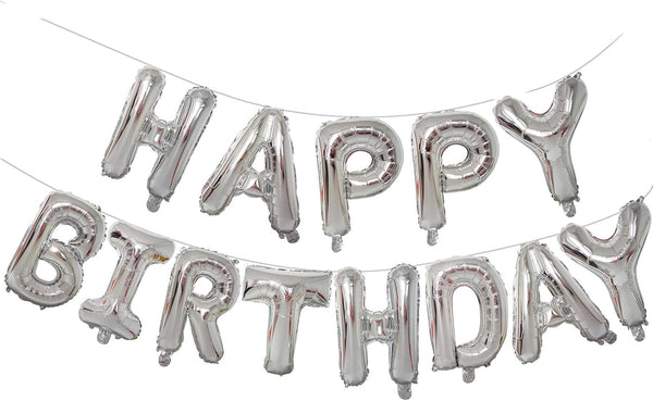 KALOR 16 Inch Silver Happy Birthday Balloons Banner, Mylar Foil Letters Sign, Reusable Party Supplies for Men, Women,