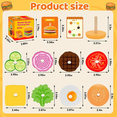 Montessori Wooden Burger Stacking Toys for 2-5 Year Olds, Fine Motor Educational Toys for Boys & Girls, Gift Ideas