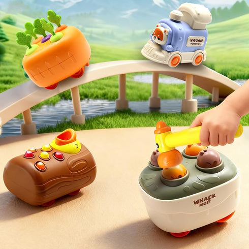 Press and Go Car Toys, Kids Train Set with Whack-A-Mole, Woodpecker Worm,