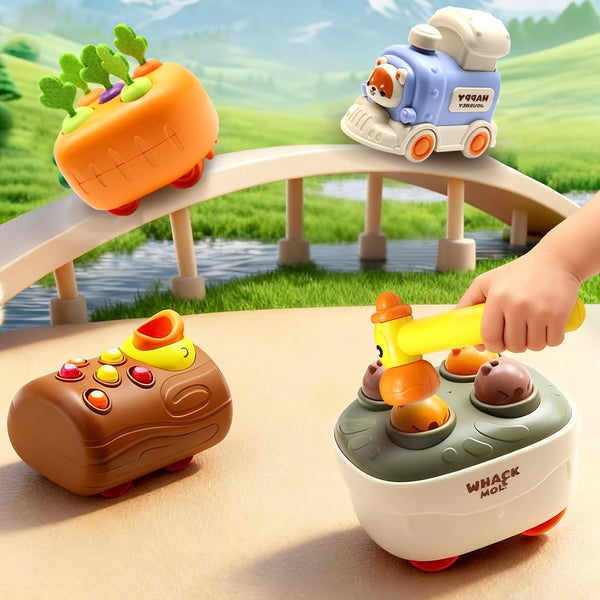 Press and Go Car Toys, Kids Train Set with Whack-A-Mole, Woodpecker Worm,