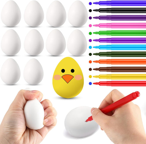 24 Pcs DIY Easter Eggs for Kids with 12 Color Markers, White Squeeze Creamy Slow Rising Balls