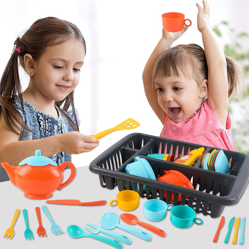 Set Set 40 deAO Dinnerware for Kitchens Toys Drainer with Sponge, Plates, Cutlery, Cutlery, Pots - Over Kitchen