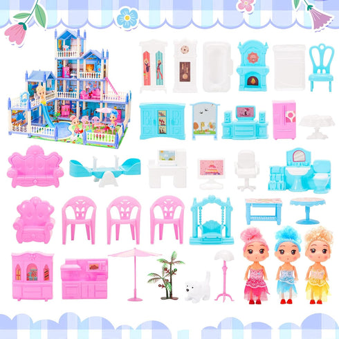 AmiDear 4-Story 11 Playset 3 4 5 6 7 8 9 10 Dollhouse with Rooms, Dream Gift Princess Doll House with Furniture, Blue