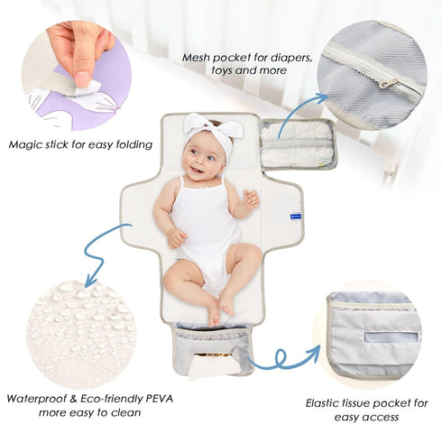 VEKELEE White Bow Purple Background Portable Diaper Changing Pad for Baby, Waterproof & Foldable Changing Mat, Soft