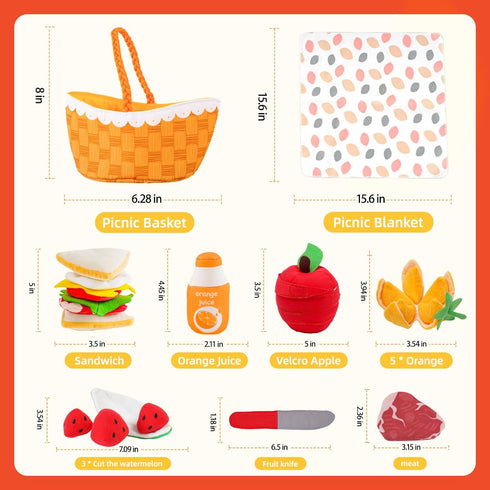 6-12-36 1-3, 1 Jollybaby Soft Picnic Basket Cutting Play Food Toys for Baby Months, Montessori Sensory Felt Fake Food