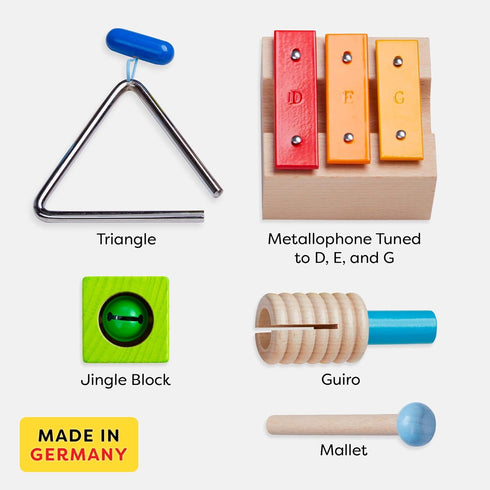 305922 2 HABA Musical Sounds Musical Joy- with Its Triangle, Jingle Bell Block, Mini metallophone and Rattle, Different
