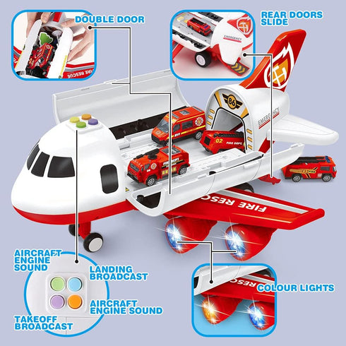 Dwi Dowellin Airplane Toy with Fire Truck Cars and Play Mat - Lights and Sounds for 3+ Years Old