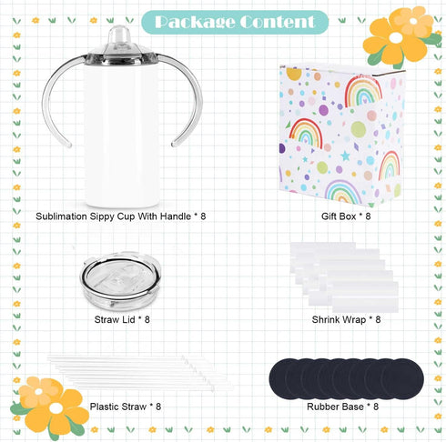 12 Oz 8 Pack Sublimation Sippy Cup Tumblers With Handle, Straight Sublimation Blanks Kids Tumbler, Stainless Steel