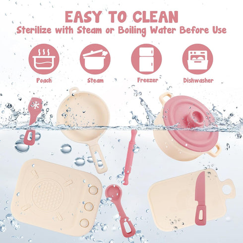 11Pcs Sets,Cooking Set 1-3,Pink TYRY.HU BPA Free Kids Play Kitchen Accessories Toy, Silicone Pretend Play Food Toys