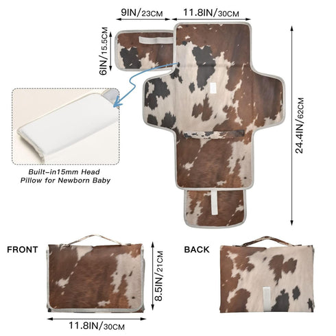 Kigai Portable Diaper Changing Pad for Baby Cow Print Waterproof Foldable Travel Changing Mat with Built-in Pillow