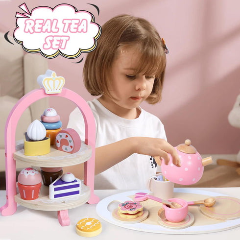 Set Set 2-5 Wooden Tea Party for Little Girls, Toddler Girl Gifts Princess Tea Time Toys, Wooden Tea Food Dessert, Kids