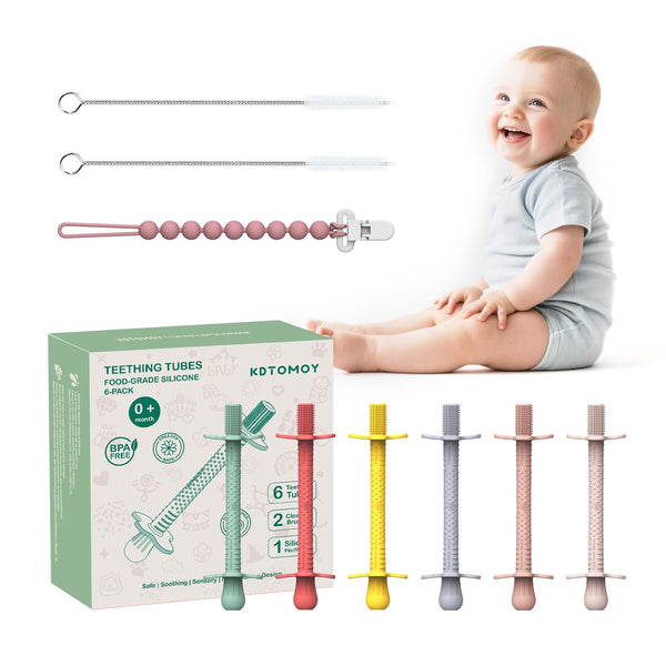 6-Pack Silicone Teething Tubes for Babies 6-12 Months, BPA-Free Non-Choking Teether Sticks