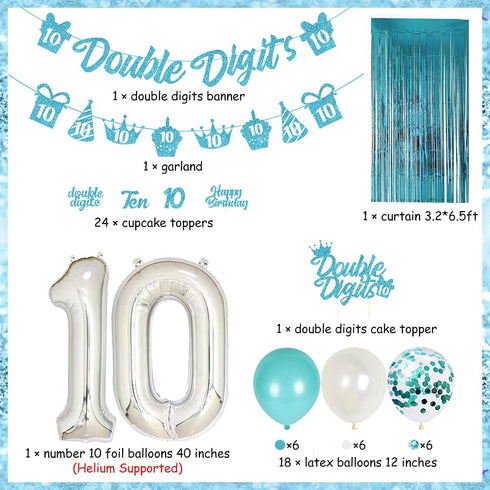 10th Birthday Decorations for Girls, Teal Blue Double Digits Party Supplies, Number 10 Foil Balloon