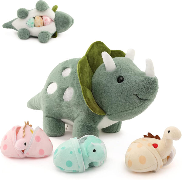 17.6in Plush Dinosaur Stuffed Animals, Mommy Dinosaur with 3 Baby Dinosaurs, Triceratops, T-Rex, Diplodocus