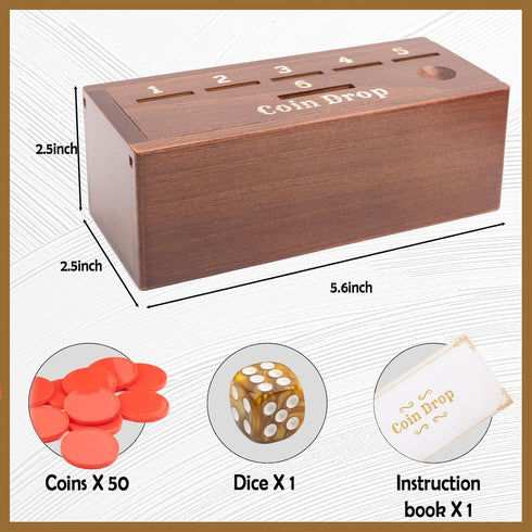 Wooden Coin Drop Game,Penny Game with 50 Coins,Game Box and 1 Dice for 2-6 Players.A Fun Board Game to Interact with Family and Friends