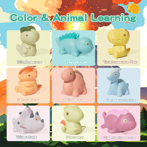 9 Pack 2-4 AMCHSURI Mold Free Bath Toys, Dinosaur |Cute, Not Hold Water Design | Soft, Squeezable & Float on Water |