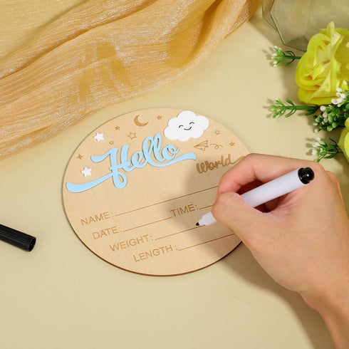 Penitue 5.9in Newborn Welcome Signs, Round Wooden Moon Clouds Hello World Newborn Birth Announcement Sign Photo Props