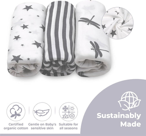 Set 3, (0-3m, 7-14lbs Jam Naturals- Organic Knotted Tie Bottom Adjustable Velcro Swaddle and Hat of Newborn Sleep Sack