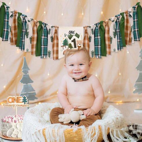 1st One Happy Camper Highchair Banner Adventure Camping Theme Birthday Banner Crown Cake Topper Highchair Photo Prop