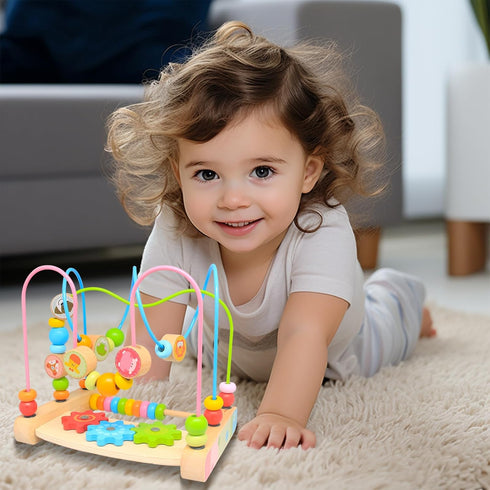 Bead Maze for Babies 6-12 Months, Wooden Educational Abacus Beads Circle, Colorful Roller Coaster Activity Game