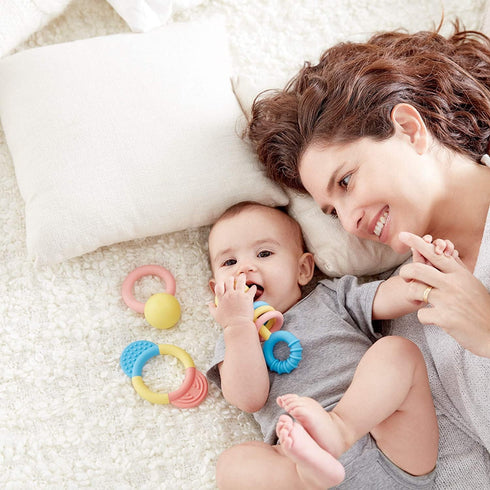 Hape Rattle & Teether Collection | 3-Piece Rattle & Teething Set for Babies in Soft Colors