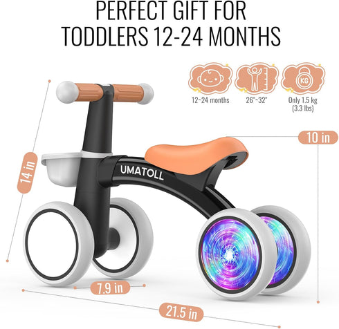 1 12-24 Umatoll Colorful Lighting Baby Balance Bike Toys for Year Old Boys Gifts, Adjustable Seat Baby Walker, One Year