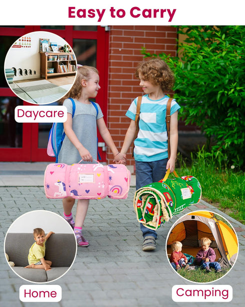 55"x36" Toddler Nap Mat with Pillow and Minky Blanket, Large Sleeping Bag, Washable, Lightweight, Easy to Roll, Perfect