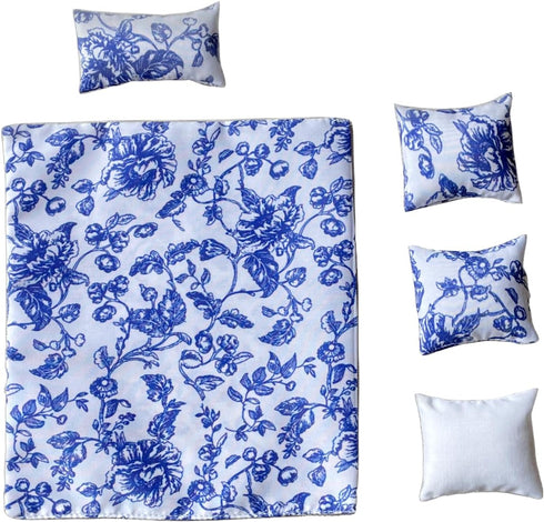 Dollhouse Bedding, 5 Piece Set with Comforter & Pillows, Blanket, Realistic Bedroom Accessories for 6 inch Dolls, 1/12 Scale, Blue Flowers and White Cover by Inusitus