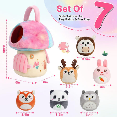 Playset 6 Interactive Plush Mushroom House with Stuffed Animal Toys Soft Sensory Toy for Babies & Toddlers, Montessori