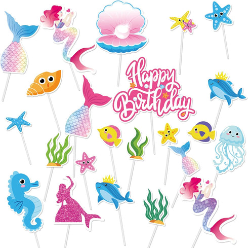 DPKOW 23pcs Iridescent Mermaid Birthday Cake Toppers, Ocean-Themed Cupcake Toppers for Kids Birthdays & Baby Showers