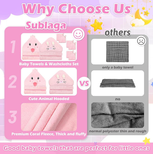 Sublaga 8 Set, Set, 2 32x32 6 Pcs Baby Towel Soft Baby Bath Towels and Washcloths Pcs in Cute Baby Towel with Hood
