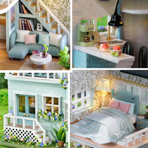 Montidey LED,1:24 DIY Miniature Wooden Dollhouse Furniture Kit,Mini Handmade Doll House with Scale Creative Woodcrafts