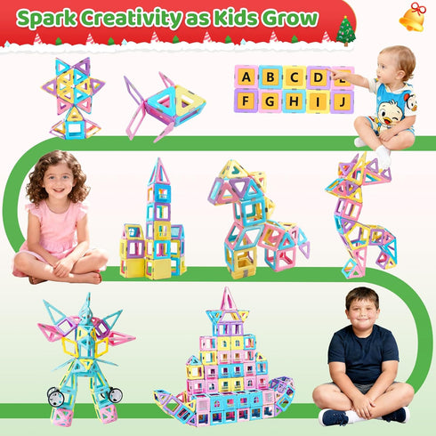 Set: 156Pcs 3+ MAGBLOCK Magnetic Building Blocks Magnetic Tiles Gifts with Car, Letter Card and Ferris Wheel, Upgrade