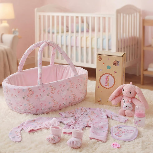 BABESIDE 8 Pcs Baby Doll Clothes Set with Bassinet for 12-15 Inch