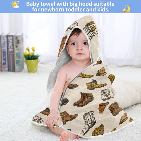 Caikeny 35x35 Inch Baby Towel Cowboy Boots Baby Hooded Towel Brown Soft Cotton Bath Towels for Baby Newborns Hooded
