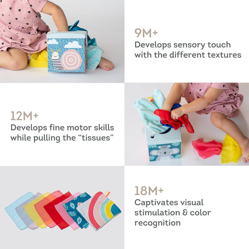 Taf Toys Sensory Crinkle Tissue Box for Toddlers, Colorful Soft Scarves and Crinkling Blankies, STEM Montessori Toy